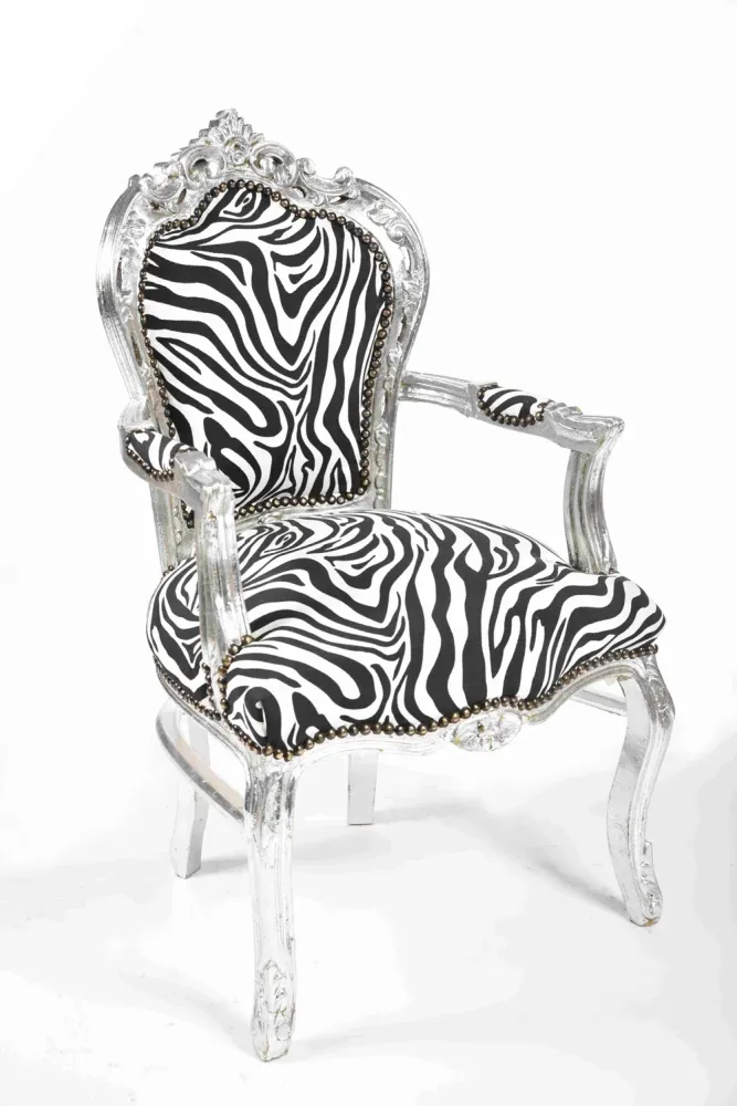 Poltrona stile barocco zebrata struttura legno colore argento cm 63x65x108h