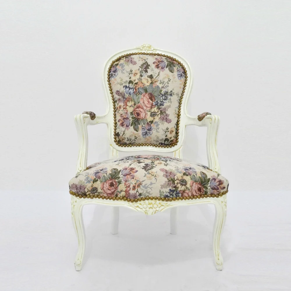 Poltrona stile luigi XVI legno bianco e rivestimento tessuto fiori cm 60x65x94h