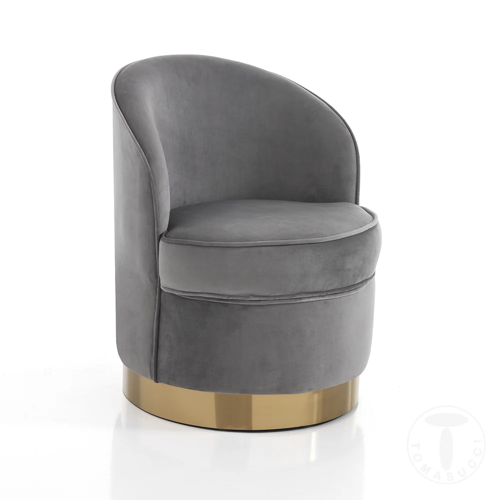Poltrona tonda moderna velluto grigio base metallo dorato cm 60x60x74h