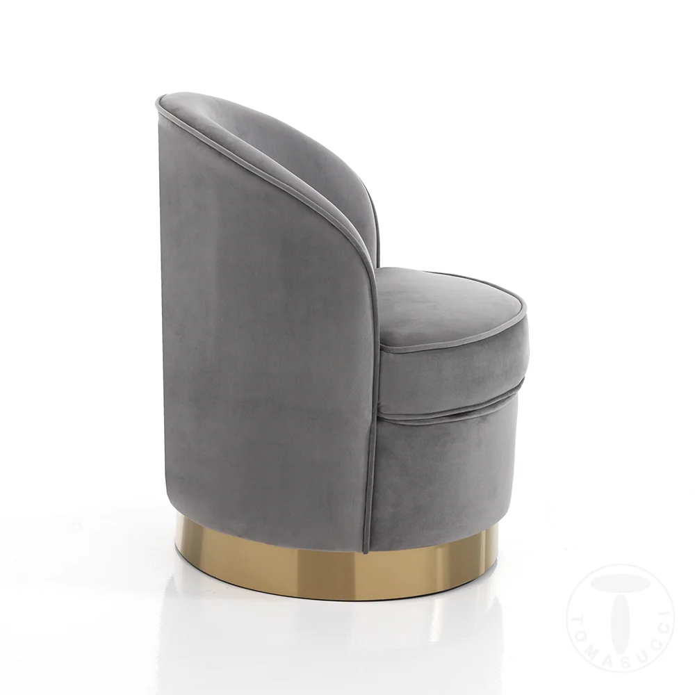 Poltrona tonda moderna velluto grigio base metallo dorato cm 60x60x74h