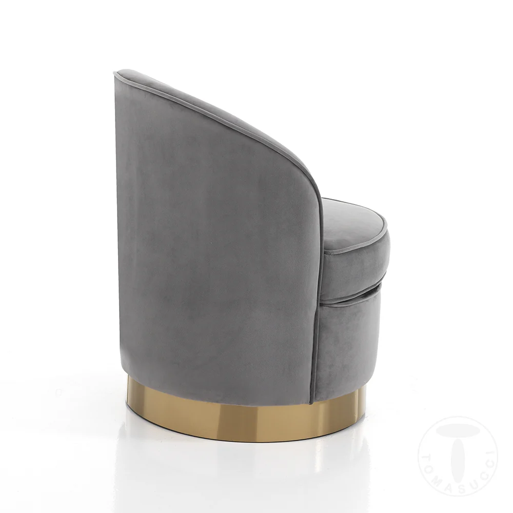 Poltrona tonda moderna velluto grigio base metallo dorato cm 60x60x74h