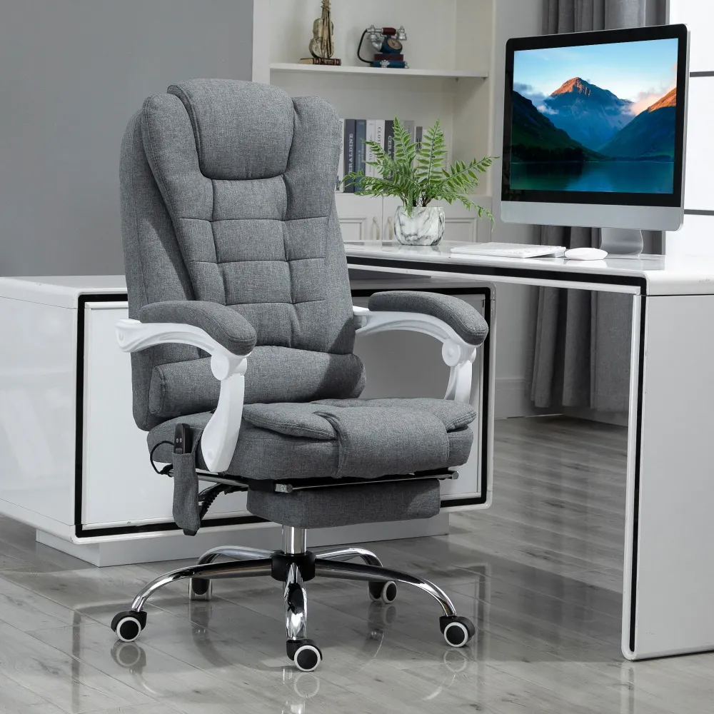 Poltrona da Ufficio 67x79x111-121 cm con Telecomando e 6 Punti di Massaggio Tessuto Misto Velluto e Lino Grigio