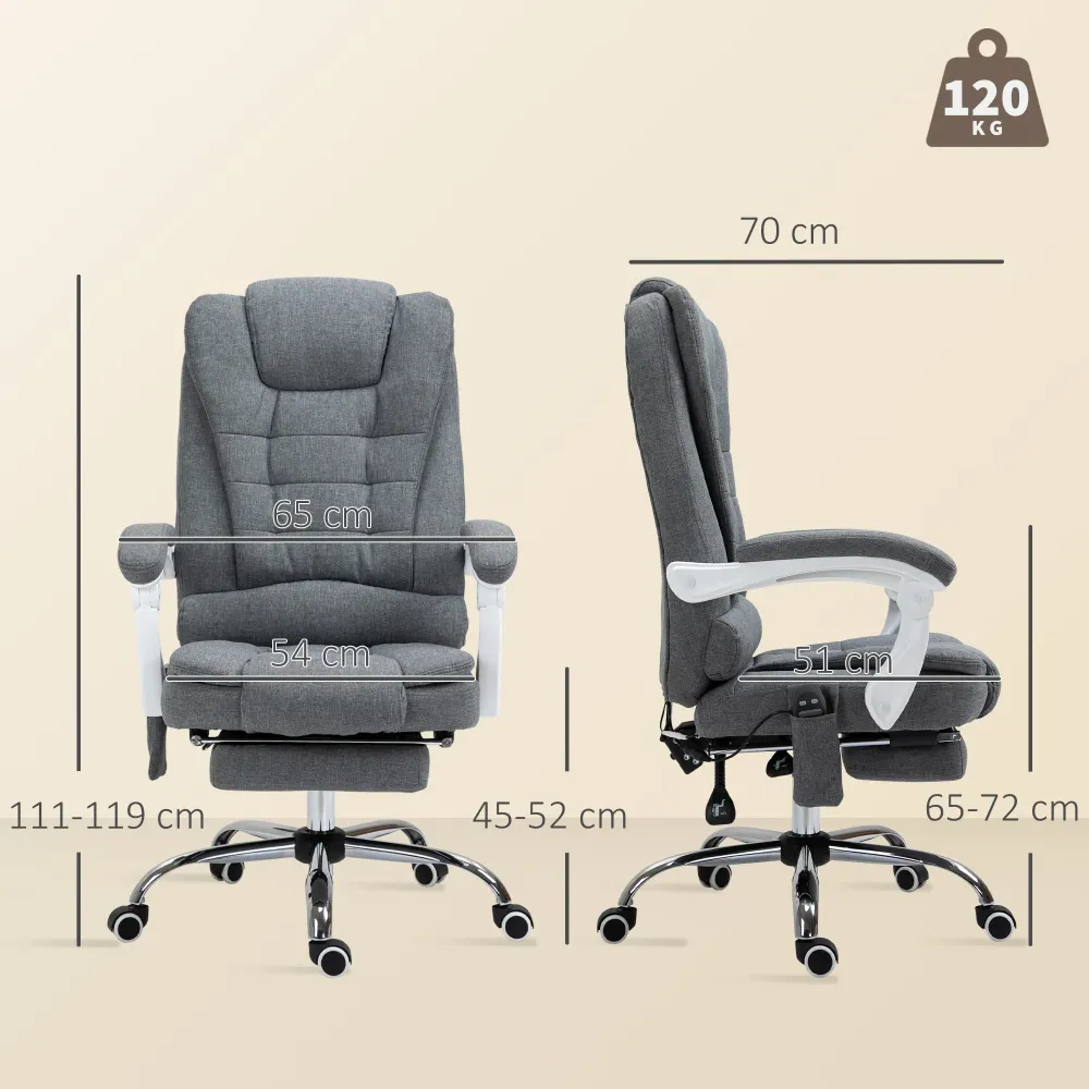 Poltrona da Ufficio 67x79x111-121 cm con Telecomando e 6 Punti di Massaggio Tessuto Misto Velluto e Lino Grigio