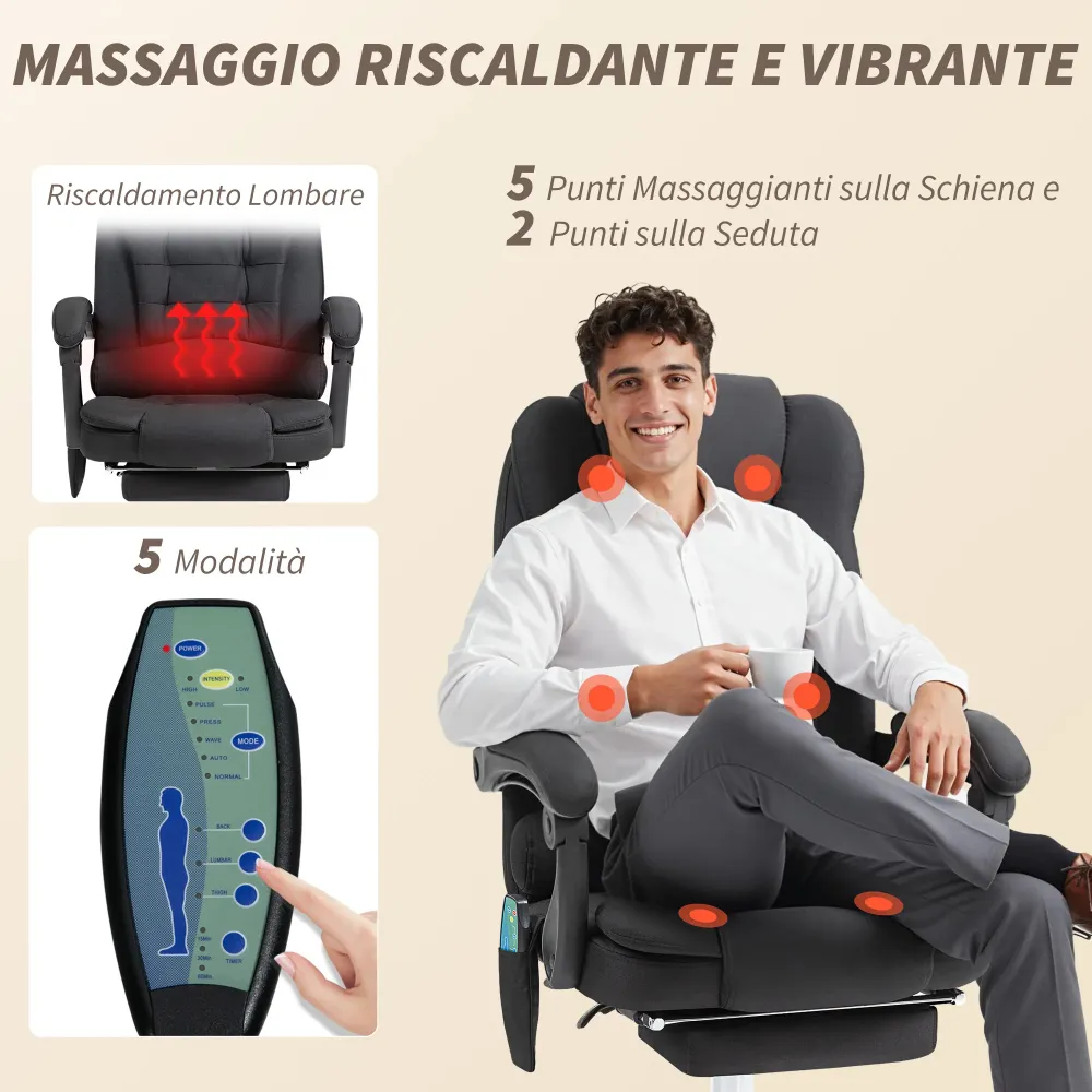Poltrona da Ufficio 67x79x111-121 cm con Telecomando e 6 Punti di Massaggio Tessuto Misto Velluto e Lino Grigio