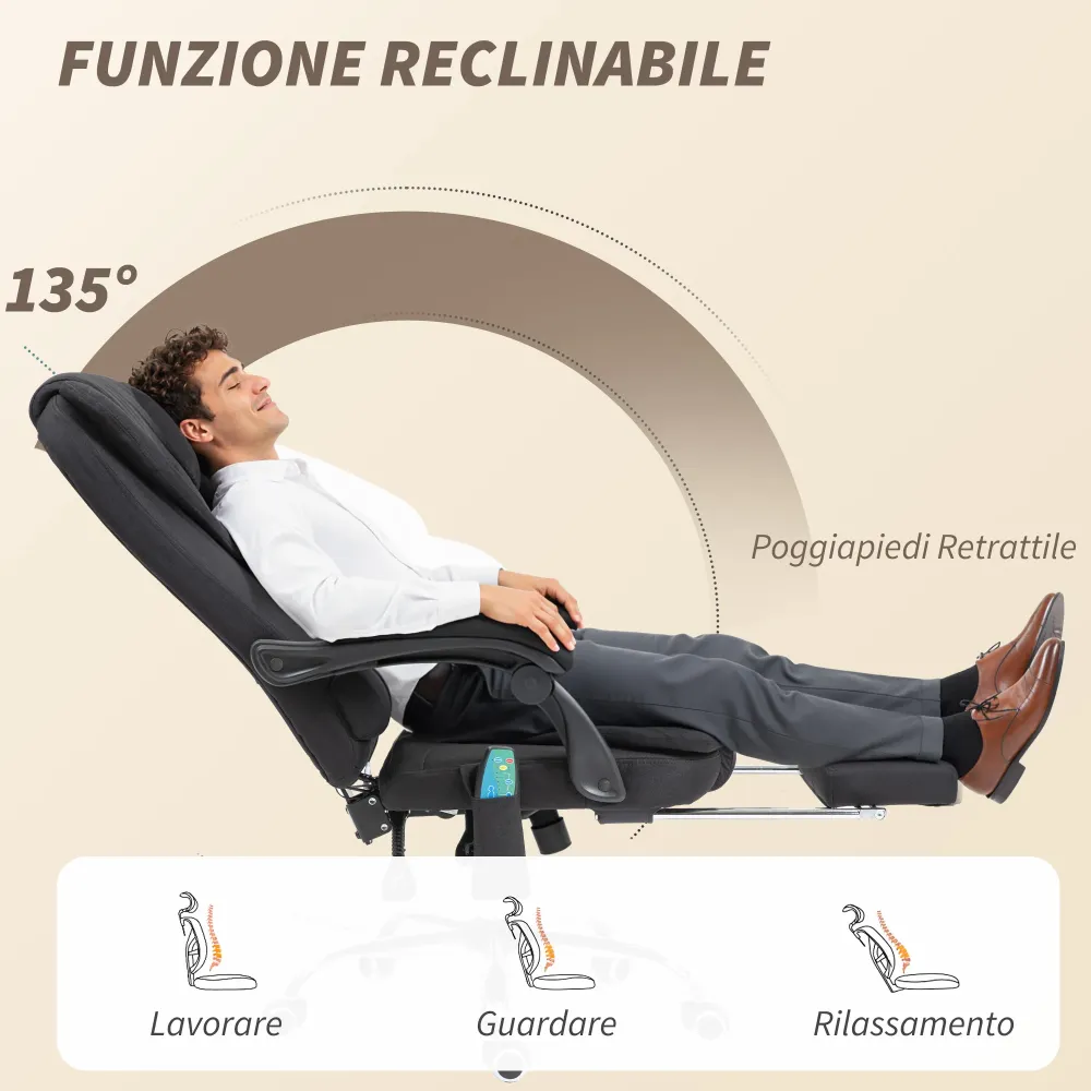 Poltrona da Ufficio 67x79x111-121 cm con Telecomando e 6 Punti di Massaggio Tessuto Misto Velluto e Lino Grigio