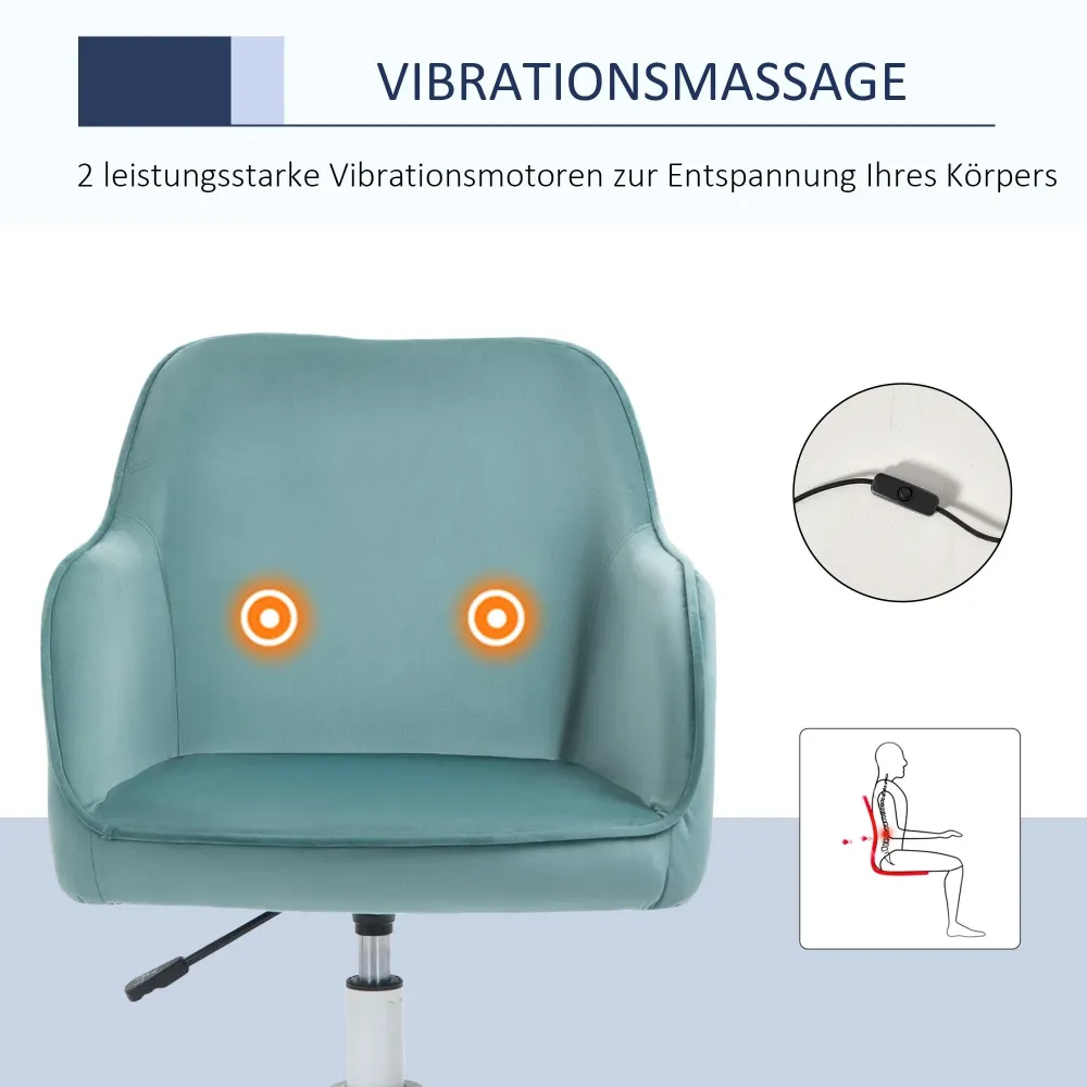 Poltrona da ufficio massaggiante effetto velluto con funzione di vibrazione verde, 55x65x86 cm