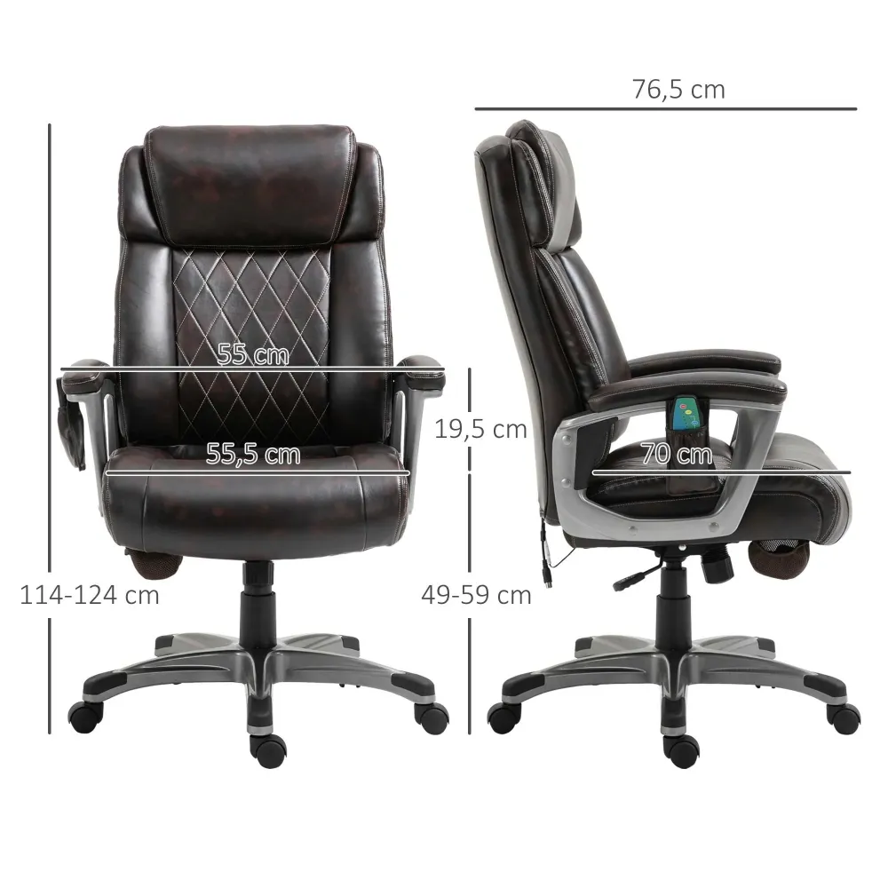 Poltrona da ufficio massaggiante massaggio ergonomico 6 punti ecopelle marrone, 70x76,5x114-124 cm