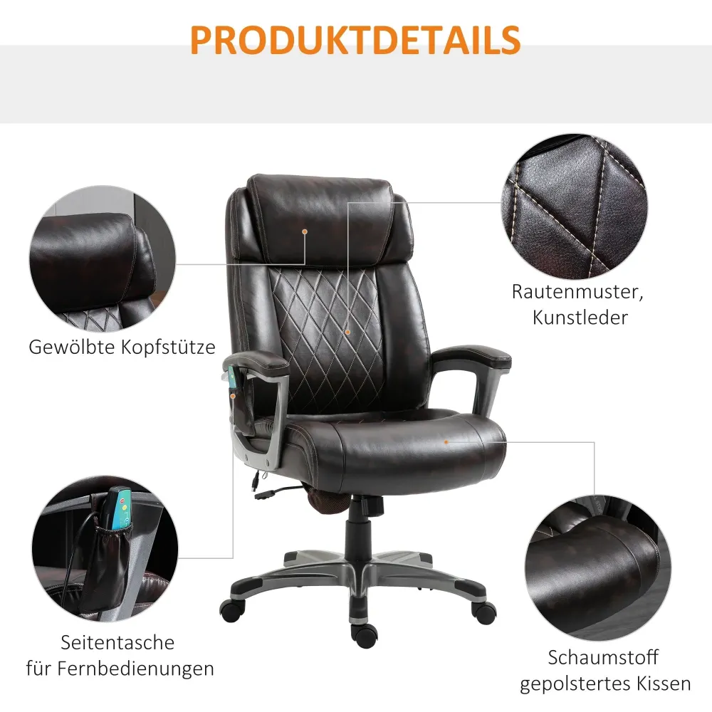 Poltrona da ufficio massaggiante massaggio ergonomico 6 punti ecopelle marrone, 70x76,5x114-124 cm