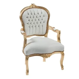 Poltroncina barocco da camera o salotto legno color oro e rivestimento ecopelle bianco cm 63x65x94h