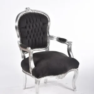 Poltroncina barocco da ingresso o camera da letto legno color argento e tessuto nero cm 60x65x94h