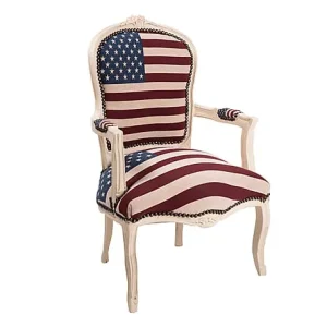 Poltroncina barocco per camera o soggiorno legno laccato bianco tessuto bandiera americana cm 63x65x94h