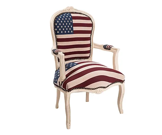 Poltroncina barocco per camera o soggiorno legno laccato bianco tessuto bandiera americana cm 63x65x94h