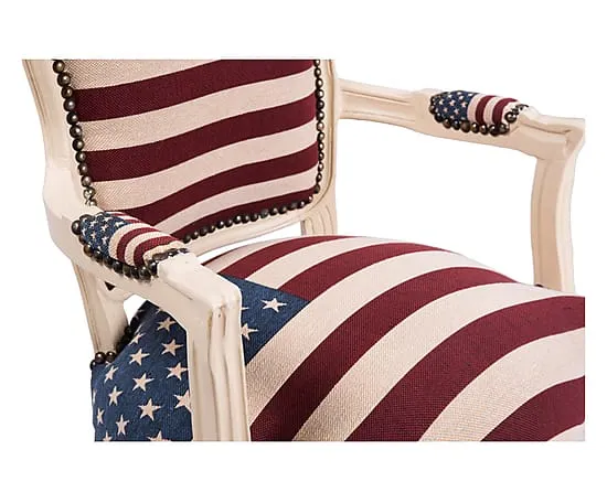Poltroncina barocco per camera o soggiorno legno laccato bianco tessuto bandiera americana cm 63x65x94h