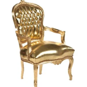 Poltroncina barocco da salotto o camera da letto legno ecopelle color oro cm 63x65x94h