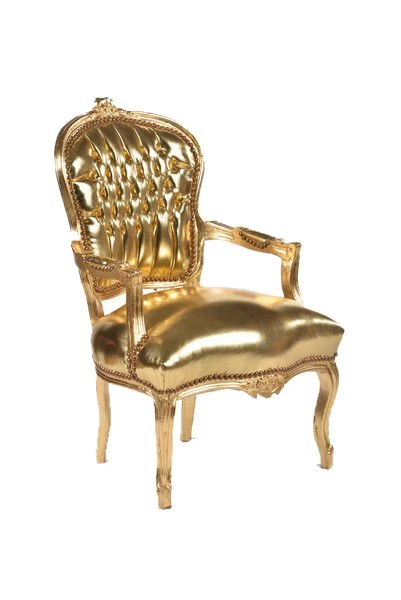 Poltroncina barocco da salotto o camera da letto legno ecopelle color oro cm 63x65x94h