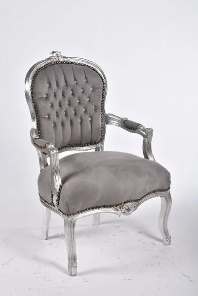 Poltroncina barocco da salotto o ingresso legno e tessuto colore grigio cm 63x65x94h