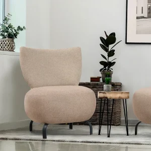 Poltroncina design salotto tonda rivestita tessuto colore crema cm 64x74x84h