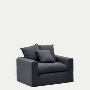 Poltroncina Nora sfoderabile e cuscini lino e cotone nel colore grigio antracite 140