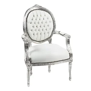 Poltroncina stile barocco legno color argento e tessuto bianco con gemme cm 60x65x90h