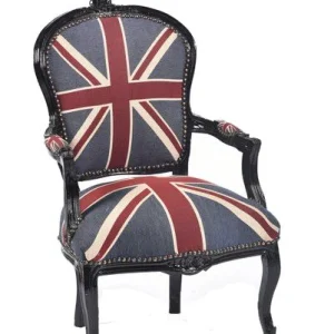 Poltroncina stile barocco legno colore nero tessuto bandiera inglese cm 63x65x94h