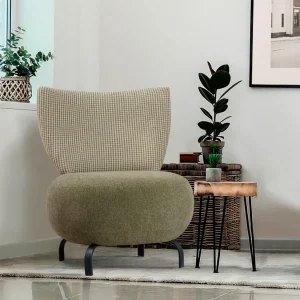 Poltroncina tonda imbottita rivestimento tessuto verde e fantasia cm 64x74x84h