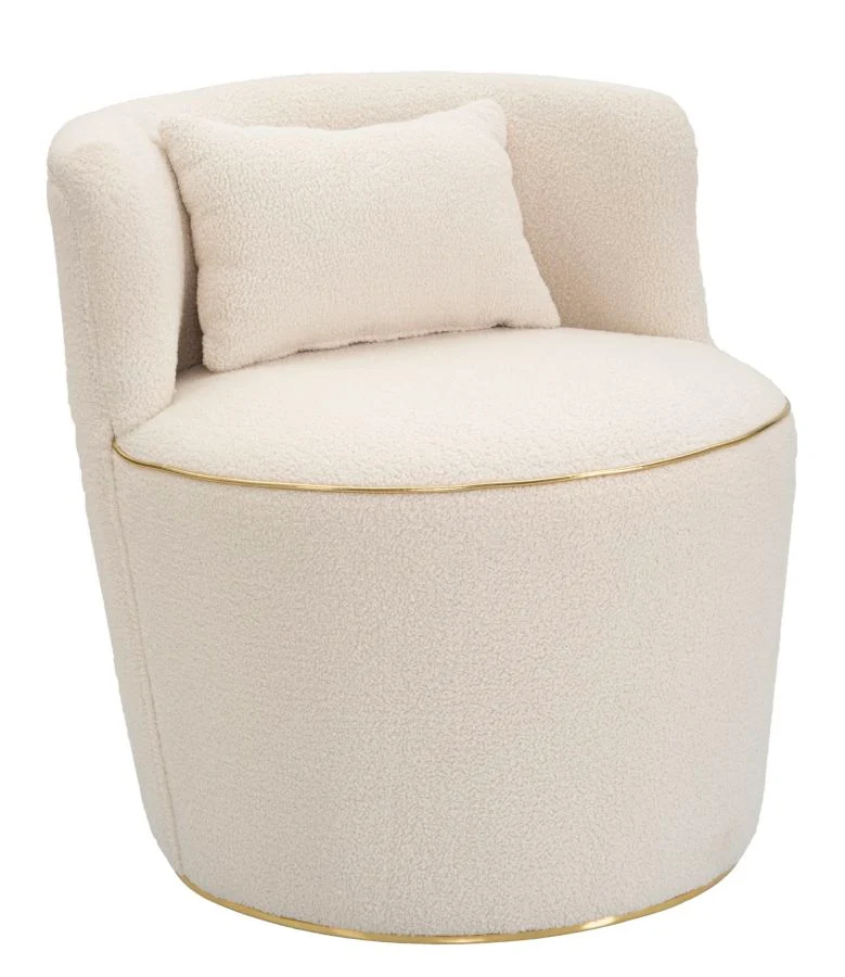Poltroncina tonda per camera salotto con cuscino tessuto crema cm 63x68x69h