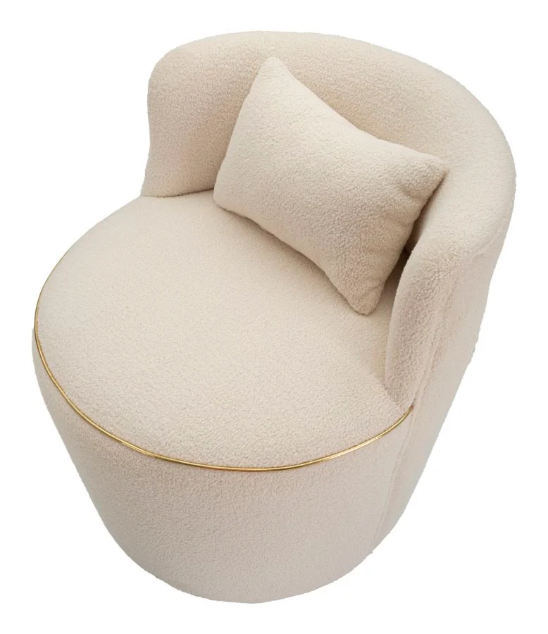 Poltroncina tonda per camera salotto con cuscino tessuto crema cm 63x68x69h