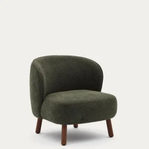 Poltroncina Ulit ciniglia verde con gambe legno massello di frassino finitura noce