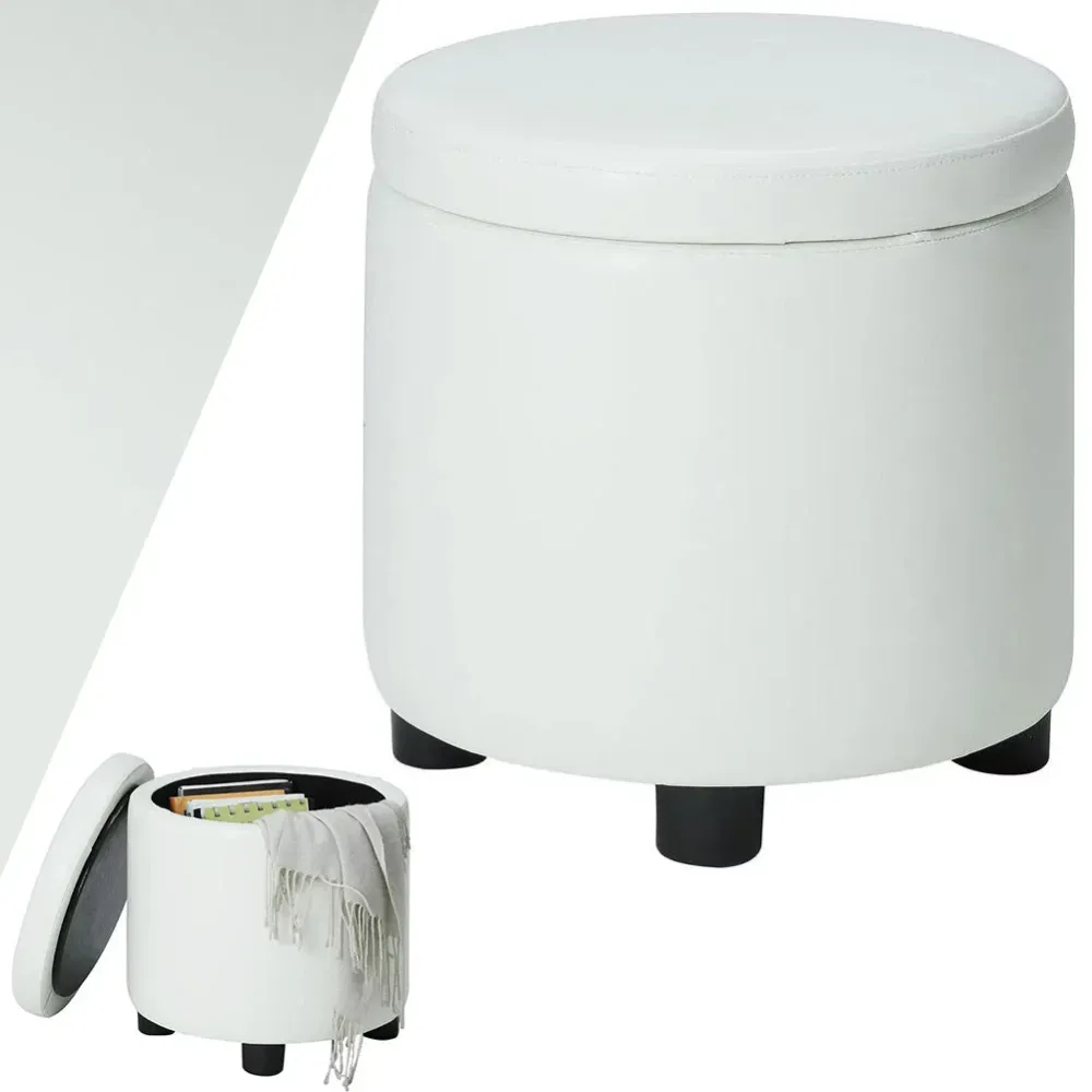 Pouf Contenitore Poggiapiedi Ecopelle Bianco Sgabello Apribile 40x40x40.5 cm