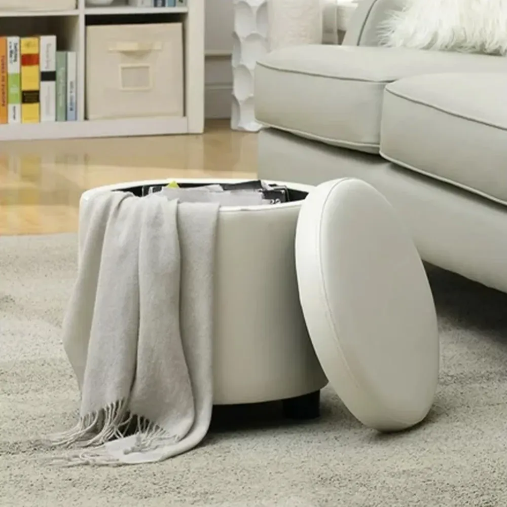 Pouf Contenitore Poggiapiedi Ecopelle Bianco Sgabello Apribile 40x40x40.5 cm