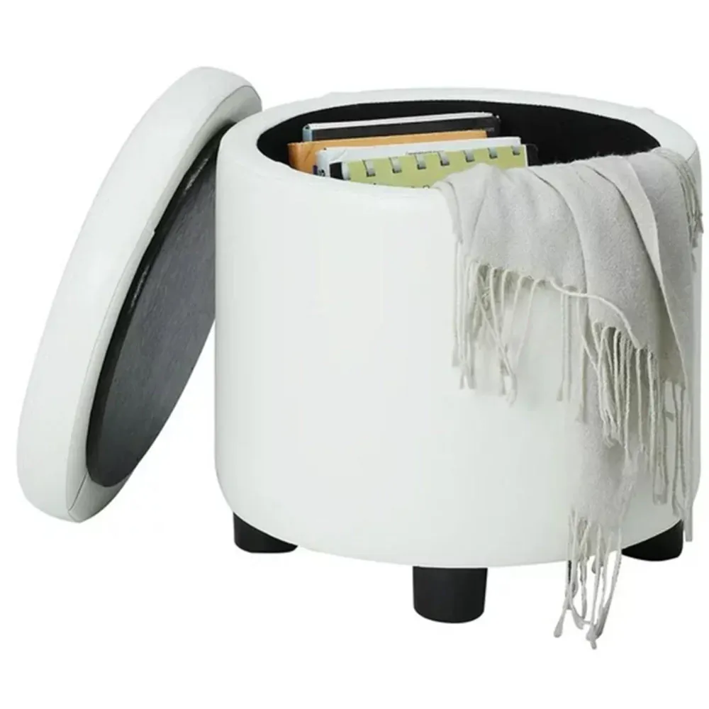 Pouf Contenitore Poggiapiedi Ecopelle Bianco Sgabello Apribile 40x40x40.5 cm