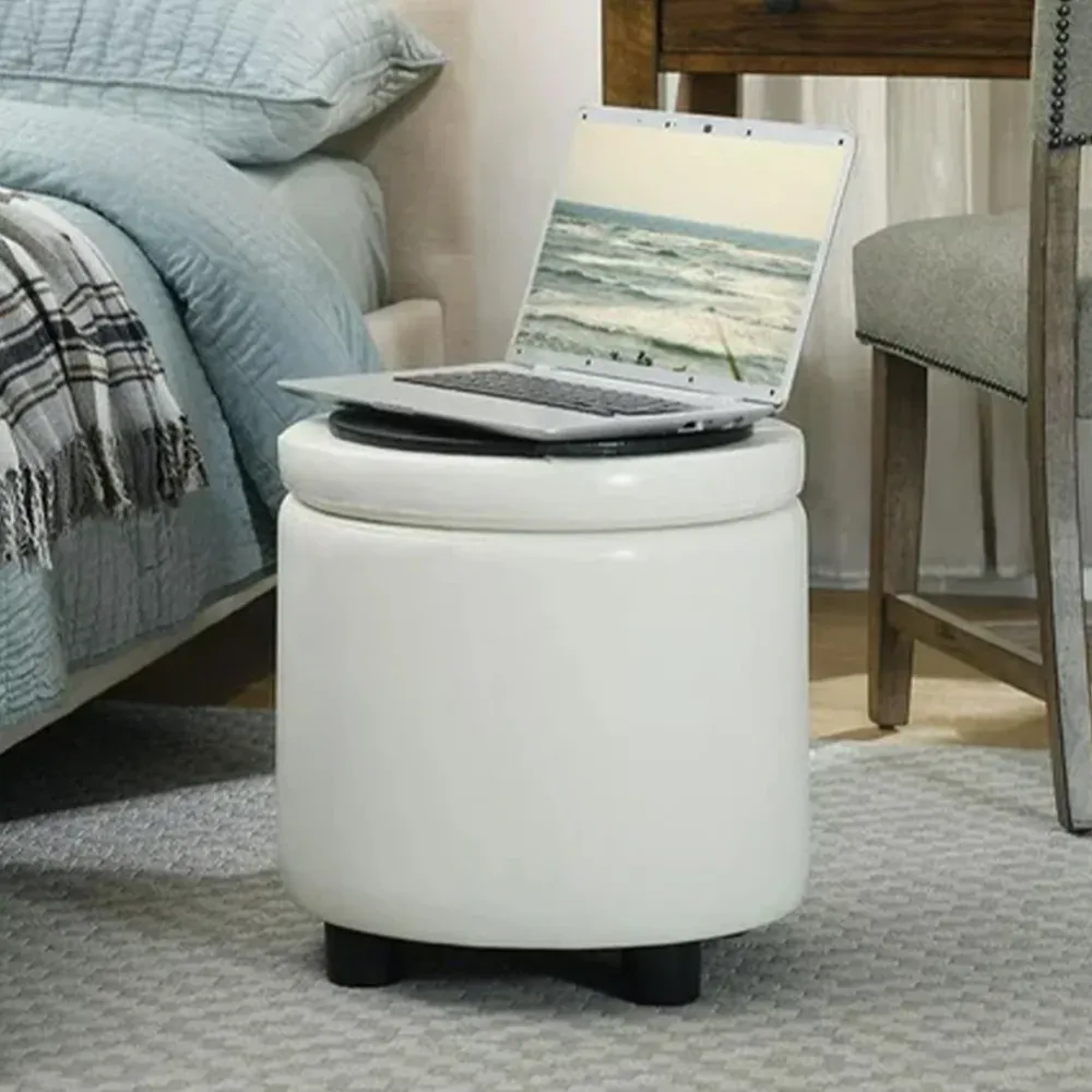 Pouf Contenitore Poggiapiedi Ecopelle Bianco Sgabello Apribile 40x40x40.5 cm