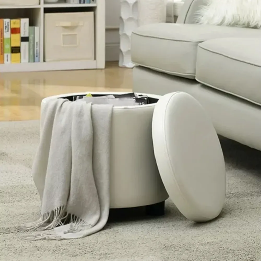 Pouf Contenitore Poggiapiedi Ecopelle Bianco Sgabello Apribile 40x40x40.5 cm