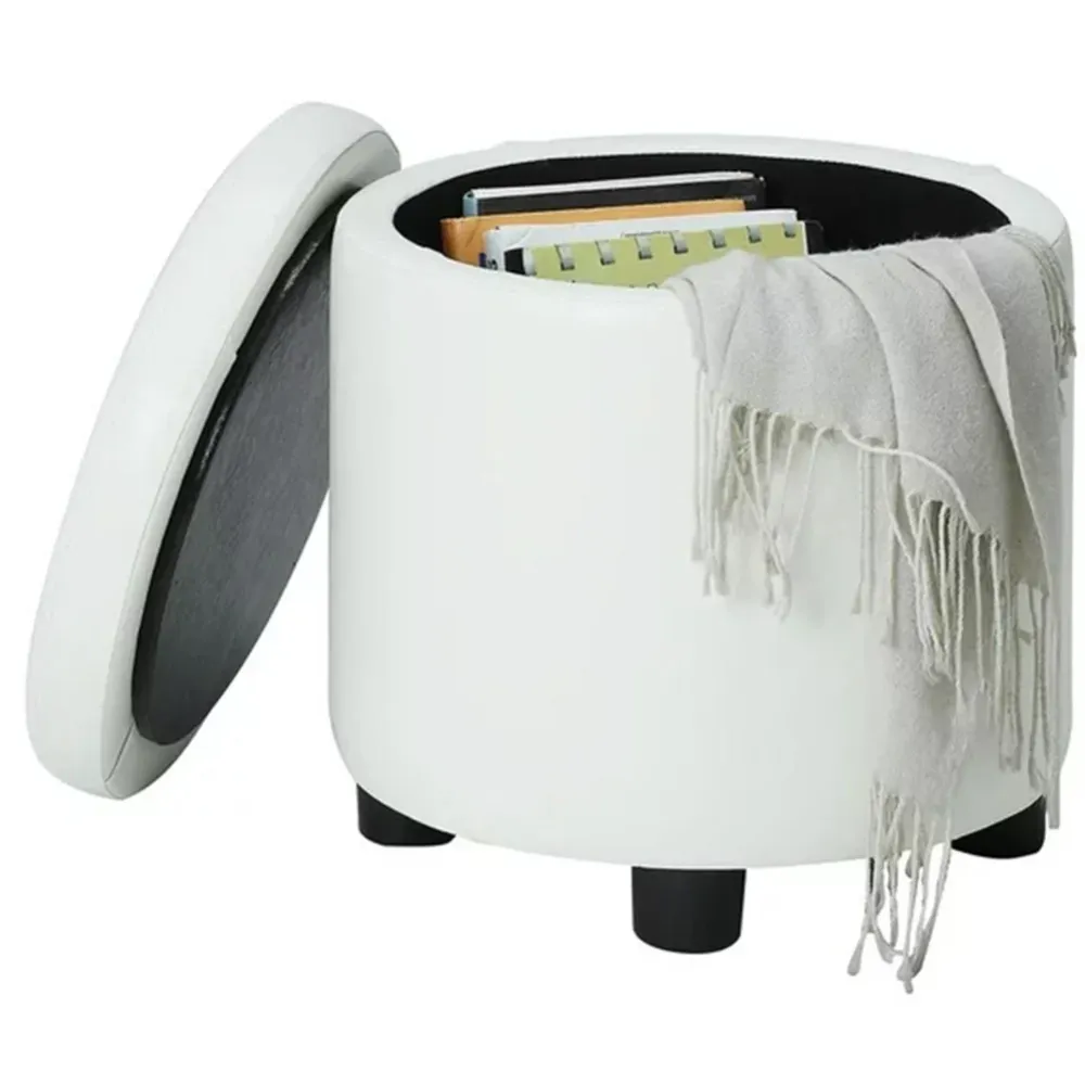 Pouf Contenitore Poggiapiedi Ecopelle Bianco Sgabello Apribile 40x40x40.5 cm