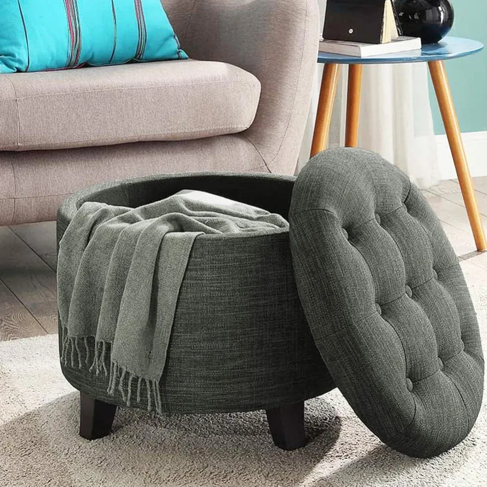 Pouf Contenitore Poggiapiedi legno e tessuto Grigio Sgabello Baule scomparto