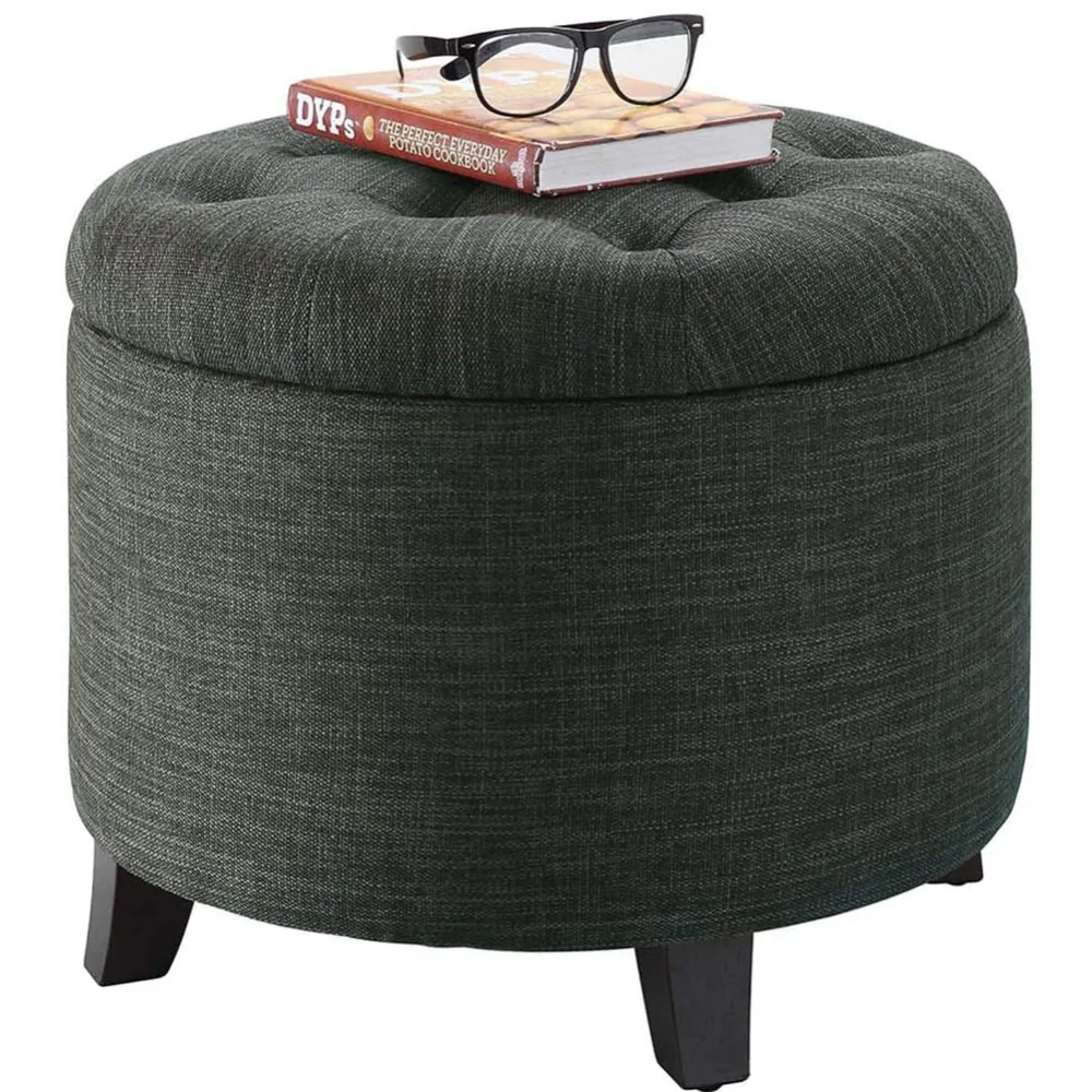 Pouf Contenitore Poggiapiedi legno e tessuto Grigio Sgabello Baule scomparto