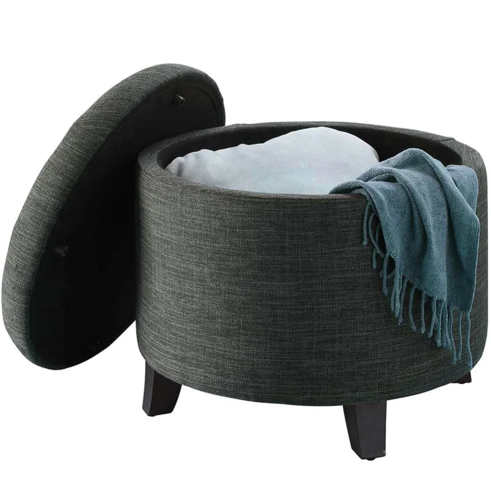Pouf Contenitore Poggiapiedi legno e tessuto Grigio Sgabello Baule scomparto