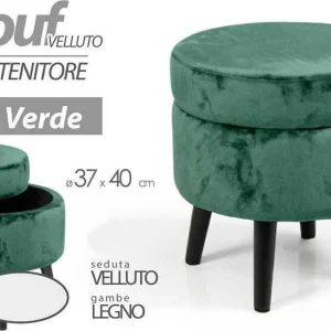 Pouf Contenitore Poggiapiedi Sgabello Pouff Velluto Legno Verde 40x37cm 801709