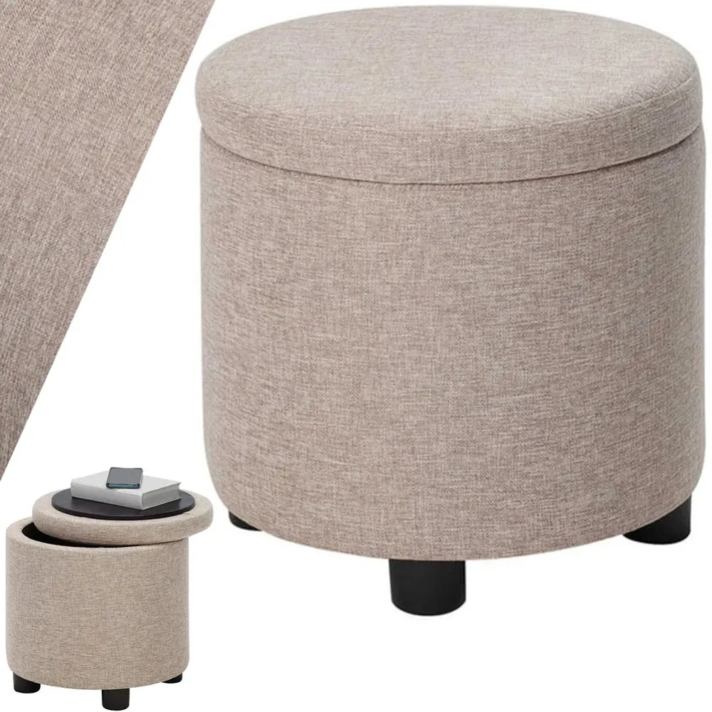 Pouf Contenitore Poggiapiedi Tessuto Beige Sgabello Apribile 40x40x40.5 cm