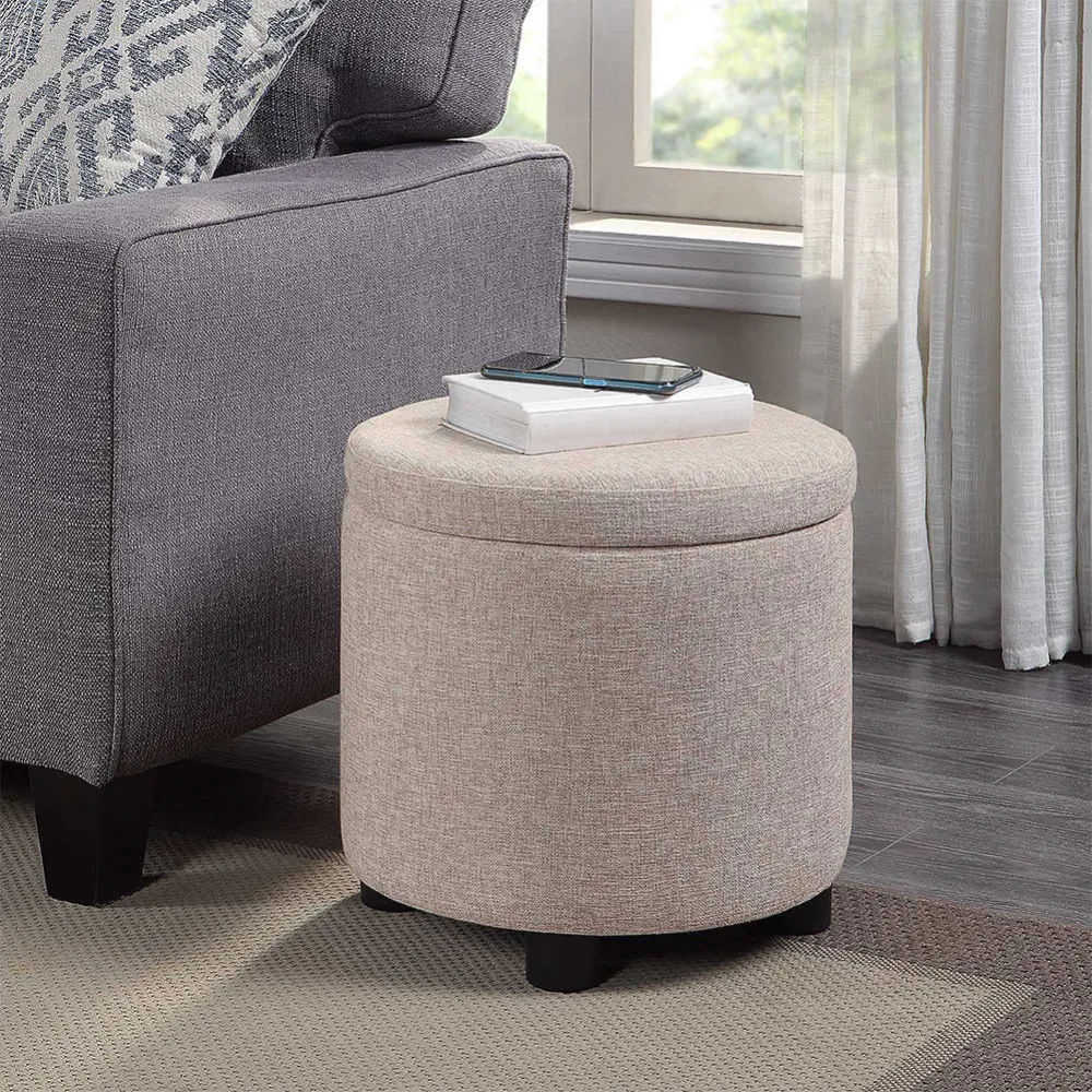 Pouf Contenitore Poggiapiedi Tessuto Beige Sgabello Apribile 40x40x40.5 cm