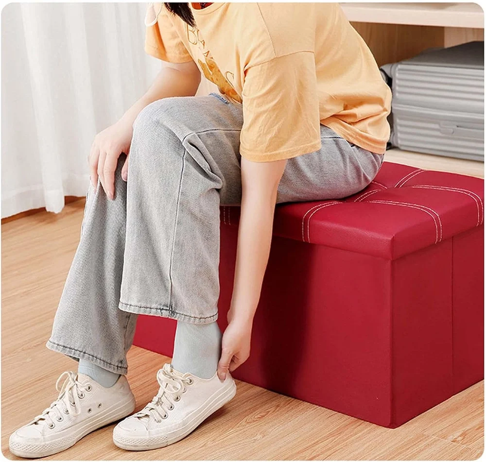 Pouf Contenitore Rettangolare Sgabello Poggiapiedi Per Coperte Scarpe Giocattoli Rosso