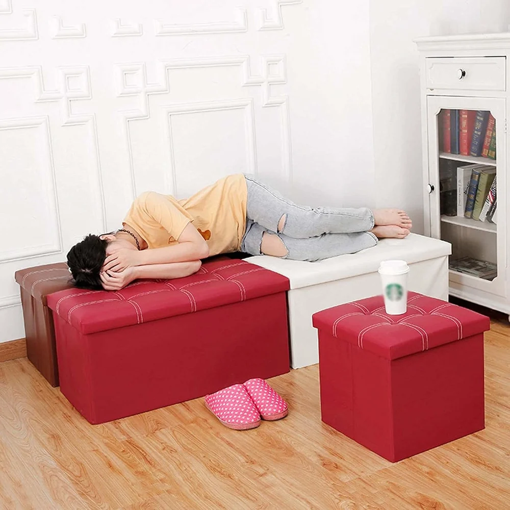 Pouf Contenitore Rettangolare Sgabello Poggiapiedi Per Coperte Scarpe Giocattoli Rosso