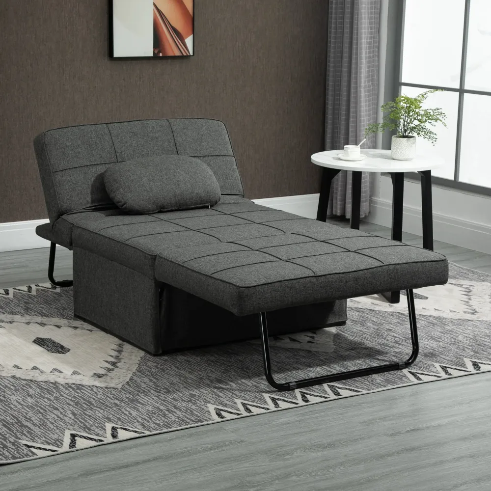 Pouf Letto Poltrona Schienale Reclinabile 95x179x78 cm Tessuto Effetto Lino Grigio