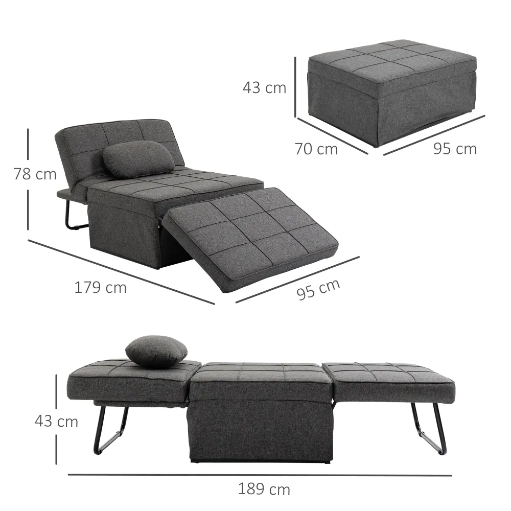 Pouf Letto Poltrona Schienale Reclinabile 95x179x78 cm Tessuto Effetto Lino Grigio