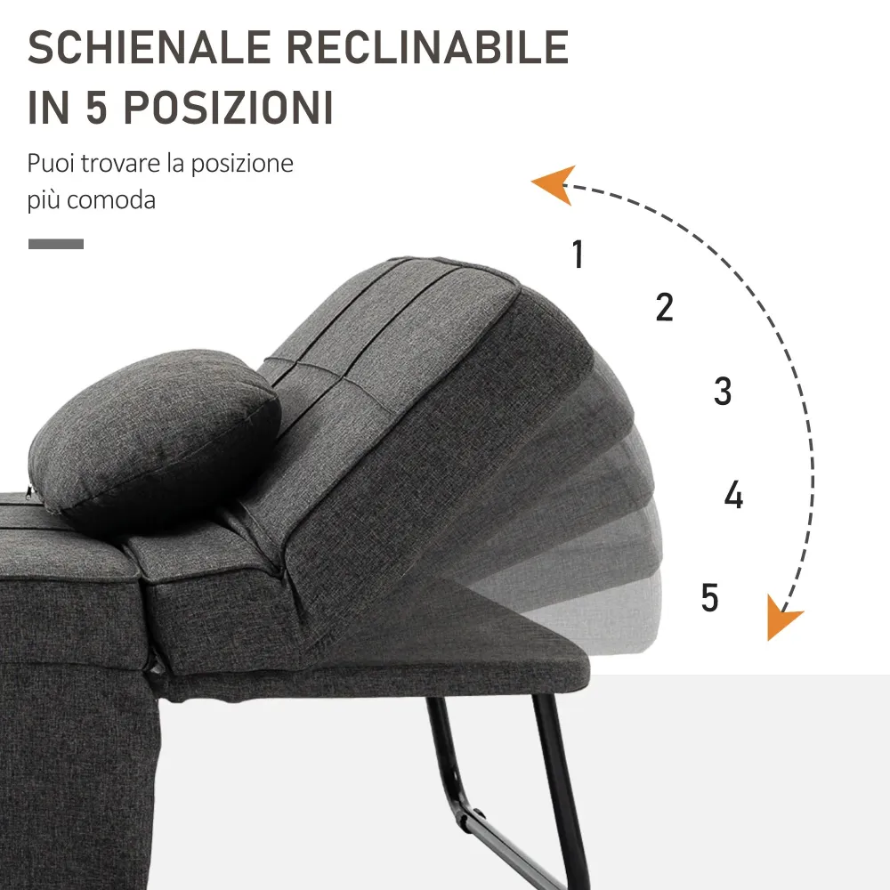 Pouf Letto Poltrona Schienale Reclinabile 95x179x78 cm Tessuto Effetto Lino Grigio
