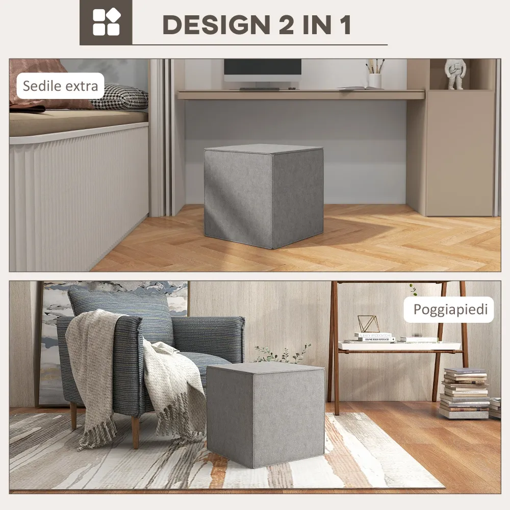 Pouf Poggiapiedi Quadrato Rivestimento Rimovibile Tessuto Effetto Lino 41x41x41 cm Grigio Chiaro