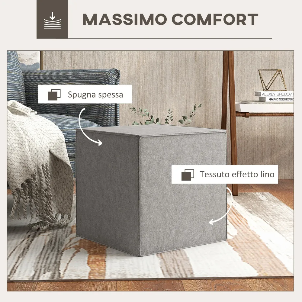 Pouf Poggiapiedi Quadrato Rivestimento Rimovibile Tessuto Effetto Lino 41x41x41 cm Grigio Chiaro