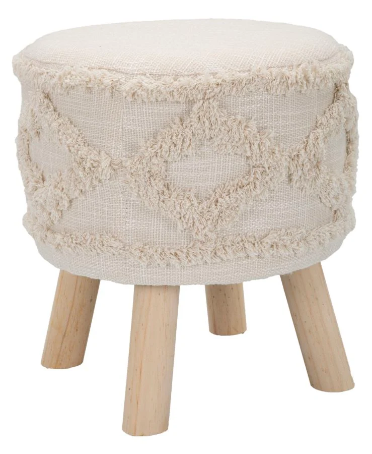Pouf sgabello basso tessuto ricamato gambe legno cm 35x40h