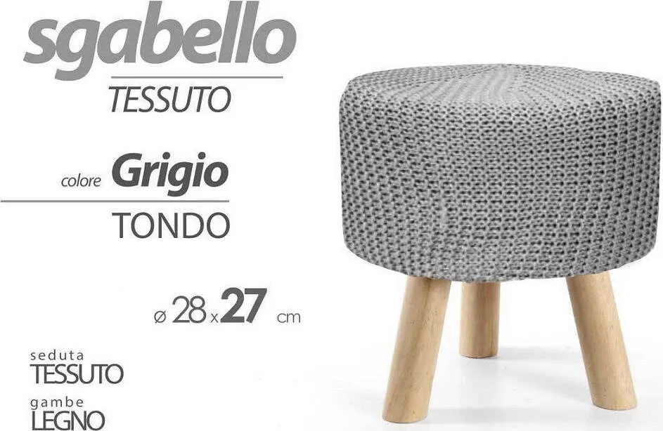 Pouf Sgabello Poggiapiedi Tondo Pouff Piedi Legno Tessuto Grigio 28x27cm 827730