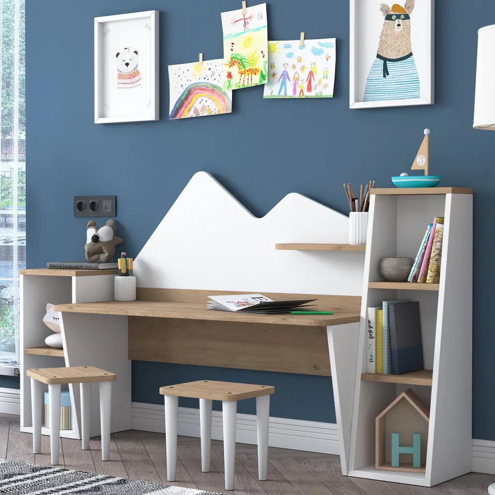 Scrivania design per bambini legno con 2 librerie e sgabello incluso cm 180x45x94h